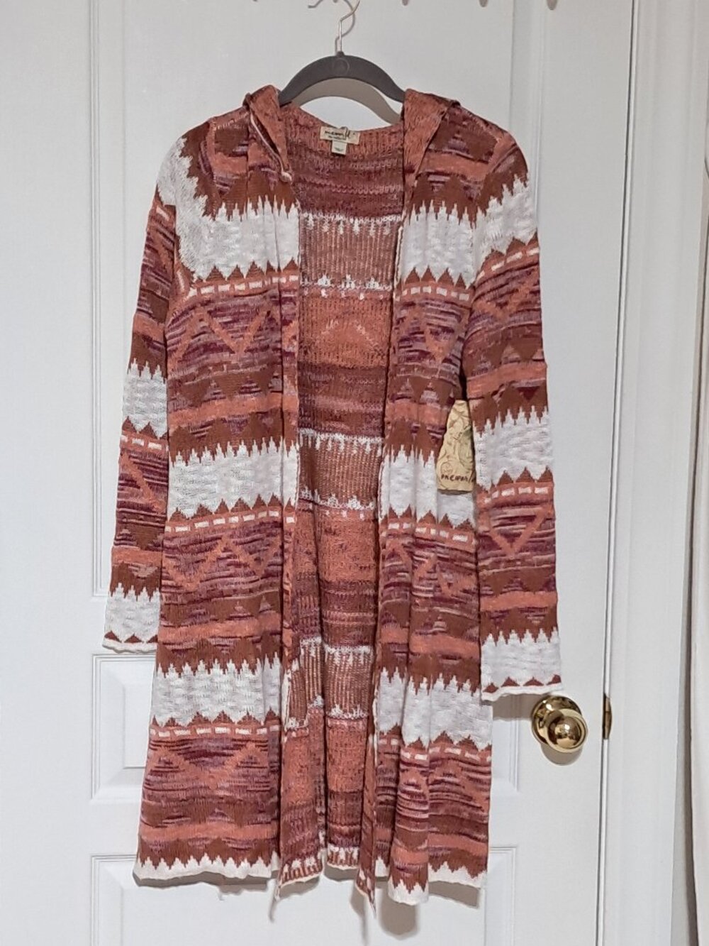 One World Hooded Sweater Coat, Brown, Terra cotta, Ivory / SMALL